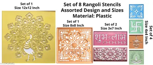 Artonezt Ready to Draw Rangoli Making Stencils for Navratri Pongal Diwali Pooja Mandir Floor Decoration Set of 8 DIY Kolam Rangoli Stencils
