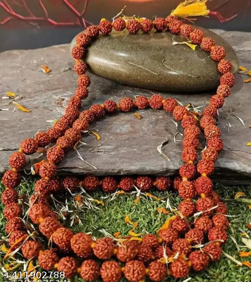 5 mukhi rudraksha Natural Mala 10 Mm Beads Japa Mala 108 + 1 Beads Wood Chain wood Chain and Gomukh Bag/Radha Krishna Bag (PACK of 1)