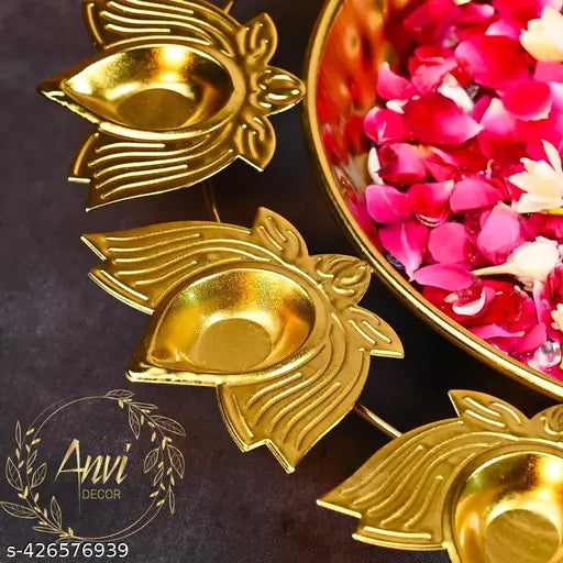 Anvi DECOR Diya Urli Lalten Decorative Metal Diya Traditional Diya Urli Tealight Holder Golden Bowl for Floating Flowers and Tea Light Candles Home,Office and Table Decor Special (Lotus Design) Buy 1 Get 1 Free BEST OFFER