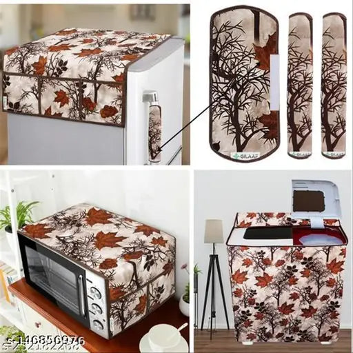 E-Retailer® Exclusive 3-Layered Polyester Combo Set of Appliances Cover (1 Pc. Fridge Top Cover, 3 Pc. Handle Cover, 1 Pc. of Microwave Oven Top Cover and 1 Pc. Semi Autometic Washing Machine Cover) (Color-Brown, Design-Floral, Set Contains-6 Pcs.)