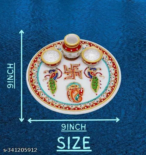PCS Designer Decorative Marble Pooja Thali | Round Shape Handicraft Home Decor Puja Plate Set with Printed Ganesha for Home and Office (Multicolor, 23x23x7.5