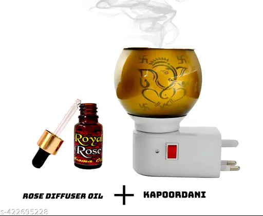 Ganesha Blessing LED Kapoordani with Rose Diffuser Oil - Electric Aroma Diffuser, Night Lamp & Camphor Burner for Home & Office (Pack of 1)