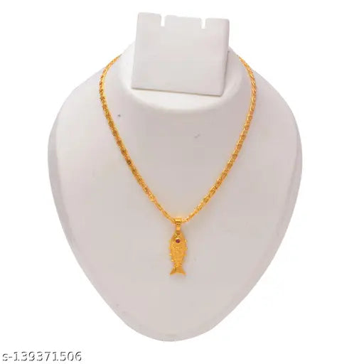 Jewar Mandi Fine Gold Plated Fish Locket Brass Pendant Designer Jewellery with Chain for Men