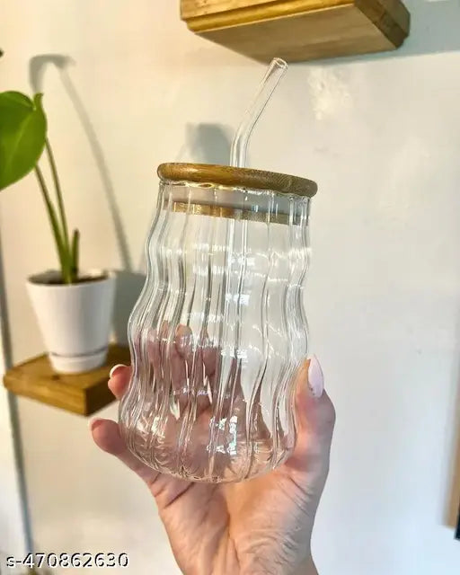 Trending Wave shape coffee glass Tumbler with wooden lid and straw for coffee( pack of 1 )500 ml | ice tea | cocktail | juic e|  cold coffee | smoothies and any other breverages