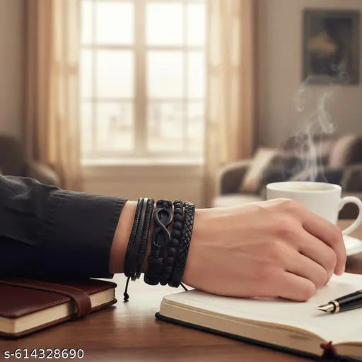 Premium Classical Vibe Men's Infinity Leather Bracelet Set | (4-in-1 Multilayer) Black Beaded & Braided Wristband Combo for Boys & Men | Stylish Biker Accessory