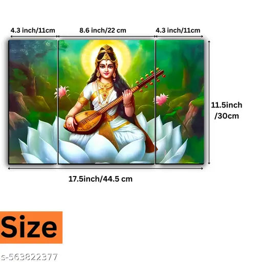 Goddess Saraswati Wall Decor 3 Piece Digital Reprint 12X18 inches