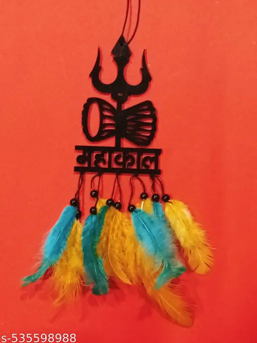 Handmade Mahakal Car Hanging – Black Acrylic Dream Catcher with Orange and Green Feathers | Good Luck Charm for Positive Vibes | Spiritual Mirror Hanging for Car, Room, Balcony & Gift Decor | 1 Pc