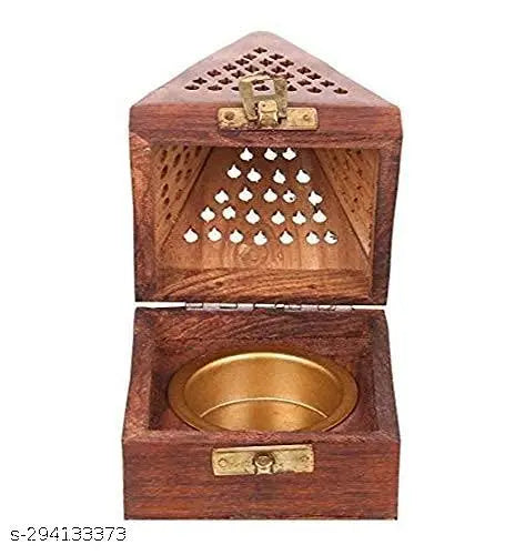 Macklet Dhoop and Loban Burner BoxBakhoor Burner Wooden Incense Sticks Holder Wooden Pyramid Incense Box Ash Catcher Home Fragrance Stand Holder Agarbatti & Dhoop Dan(Box) Brown