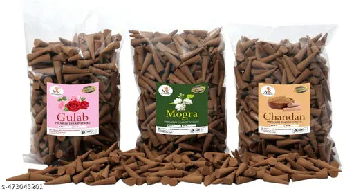 Dry GULAB MOGRA CHANDAN 300 Gm Dhoop Cones for Pooja Combo Pack Fragrance Incense Cone Dhoop FOR POOJA Incense Cones Dhup Natural Ingredients Charcoal Free
