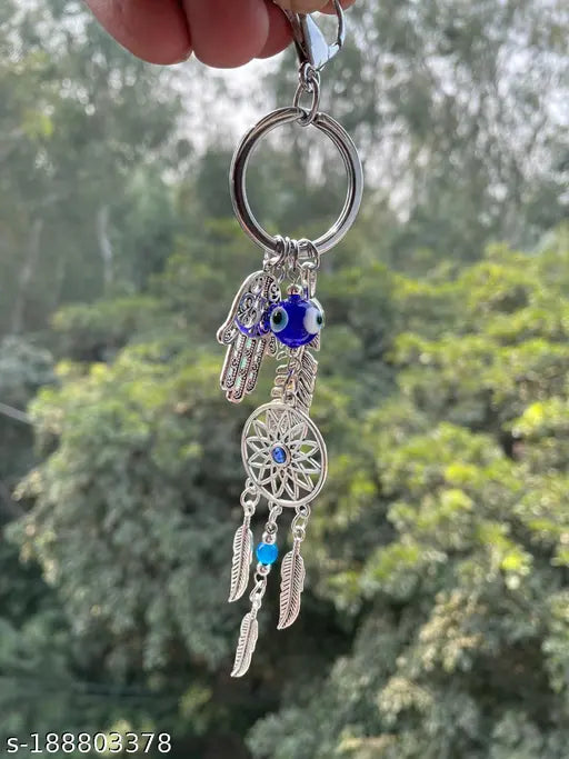Annie New Trending Blue Evil Eye Lucky Hamsa Leaf with Dream catcher Car Hanging Key Chain Key Ring