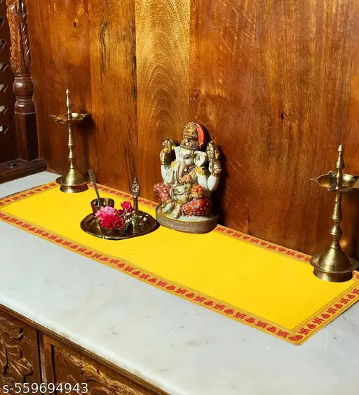 Velvet Aasan Mat | Pooja Aasan Mat | Golden Lace Satya  Prayer Mat | Traditional Chowki Prayer Mat |Size : 30 x 10 Inch|Pack Of 2 (Yellow)