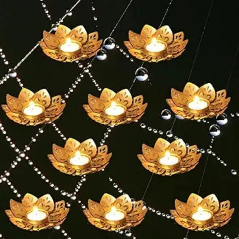 Set of 10 Gold Lotus Tea Light Candle Holders – Diwali Decor, Pooja Room & Home Decoration