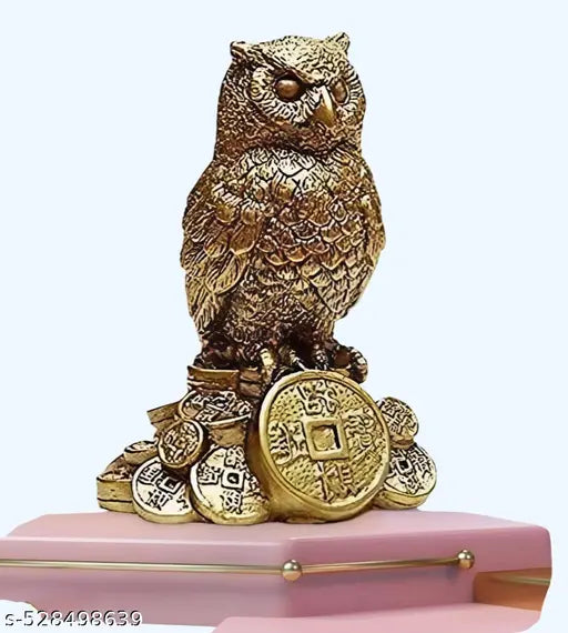 DVS Owl Standing on a Pile of  Idol Statue For ,Good Luck & Prosperity, for Car Dashboard & Home Decor, Made in India Decorative Showpiece - 9 cm  (Stone, Gold) Best For Gifting Holy Spiritual Showpiece