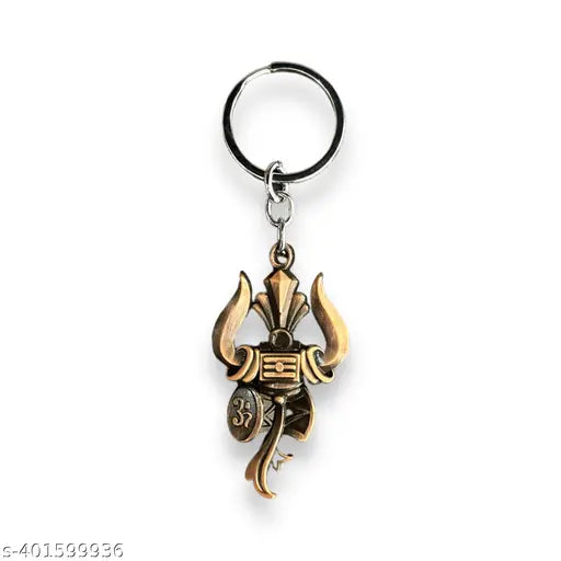 Rockshok Metal Key Chain for Various Uses - Trishool & Damroo Shape Oxidised Golden Color
