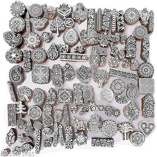 RENIQ 10 Pcs Wooden Printing Block Set for Fabric, Clay & DIY Art | Handcrafted Sheesham Wood Stamps | Floral & Traditional Designs,wooden block printing, fabric stamp blocks, mehendi stamp set, sheesham wood blocks