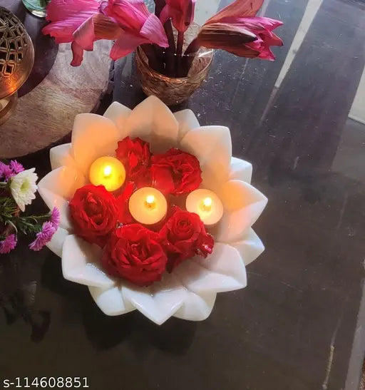 HANDCRAFTED Decor Decorative 9 Inch Kamal Plate Marble White Bowl Plate Hand Carved Household Multi- Utility Flower Shape