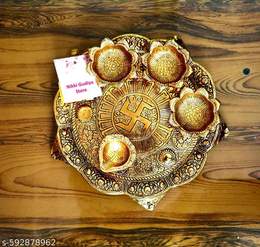 "Premium Golden Pooja Thali Set with 4 Diyas | Aluminium Shiny Finish Decorative Aarti Plate for Festival & Temple Use"