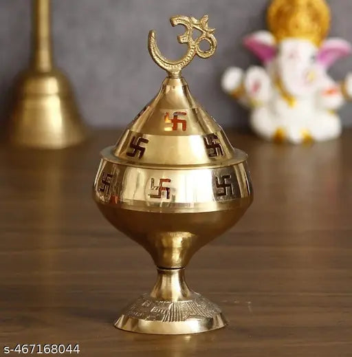 CLICKNECT INDIA Jyoti Diya in Brass with Om and Swastik Design Folding Stand Open Cap Cover Swastik Symbol Oil Lamp for Temple,Home,Office Pooja.