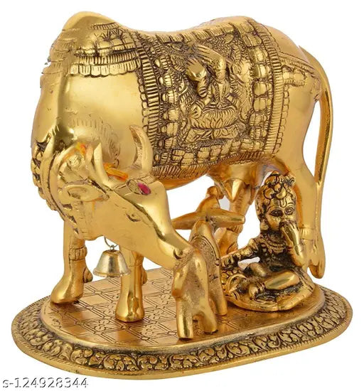 Imagicart Kamdhenu Cow with Calf & Krishna Brass God Figure Showpiece Decor (Big Export Quality)