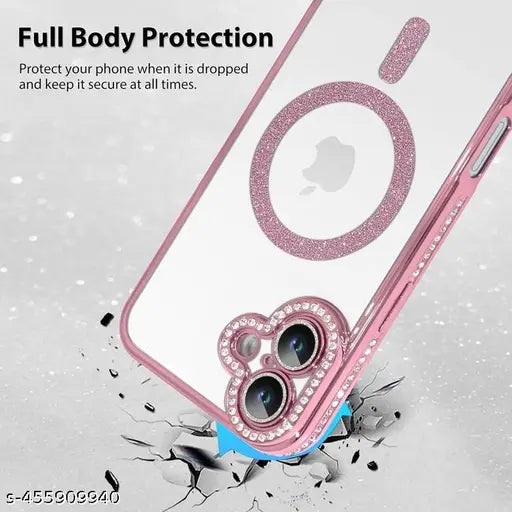 i-phone 16 Clear Magnetic Diamond Glitter Case with Full Camera Protection Rhinestone Luxury Plating Bling Transparent for Magsaf Women Girls Cute Phone Case Cover (Pink)
