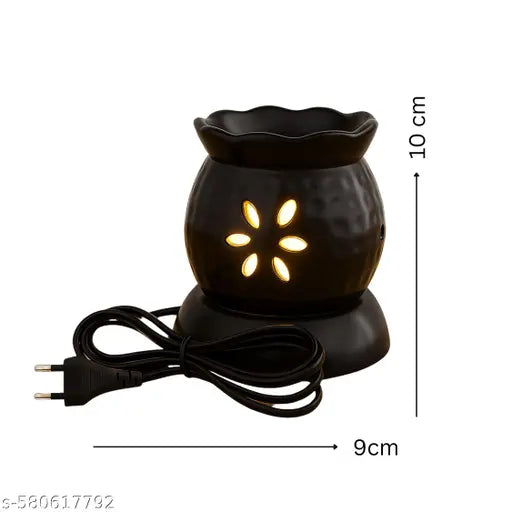 Pookiemoon Handcrafted Ceramic Electric Aroma Diffuser & Oil Burner | Night Lamp for Home, Office, Spa | Essential Oil Aromatherapy | Air Freshener Gift Set | Aroma Oil Diffuser for Home with Aroma Oils, Cylinder Shape, Black Color Includes 2*10ml Aroma O