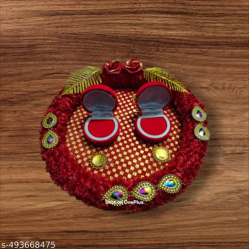 Engagement/Shadi/Nikah/Sagai Ceremony Decorative thali Ring Holder Shagun Plate Wood Decorative Platter (Red)