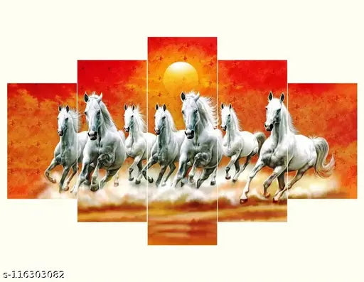 7 Running Horse /Lucky Seven Running Horses/  7 Running Horses Vastu/UV Textured Home Decorated Gift Item 6 MM MDF Painting Painting With Frame/Bedroom, Office, Hotels, Drawing Room Wooden Painting 18 x 30 inch