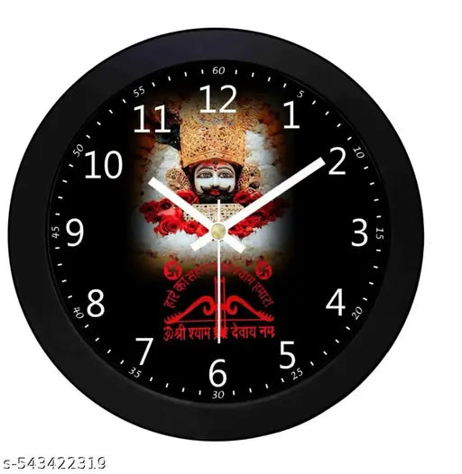 Khatu Shyam Ji Wall Clock – Spiritual Round Plastic Decorative Clock for Home Temple Office – Silent Battery Operated God Photo Clock |Decorative Timepiece Made in India | Modern 12-Inch Round Black wooden Wall Clock with Silent Sweep Movement - Perfect f