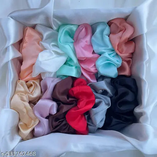 (Pack of 12) (Multicolor) Premium Silk Satin Scrunchies (Pack of 12) Rubber Rubber Band (Multicolor) Multicolor color Fabric thalamudi kattu/thalamudi bandham/Jada Bandlu/Muti pattaikal/hair baandukal/Kudalu byandgalu/Hair byandgalu Ideal for Women / Girl