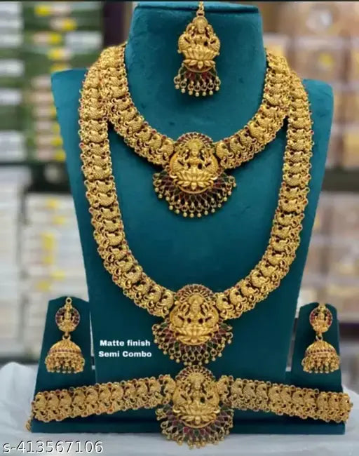 Traditional South Indian Temple Jewellery Laxmi Design Semi Bridal Jewellery Set With Golden Pearls (Drops) Paired With Earrings For Women And Girls Jewellery Set.