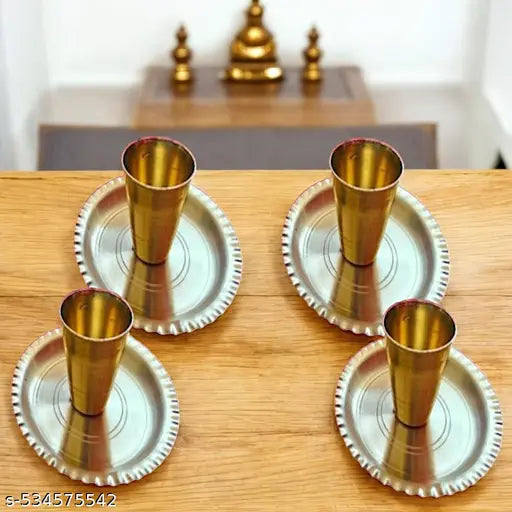 Pure Brass Pooja Thali With Glass for Puja, Office, Temple - 8 Pcs Set
