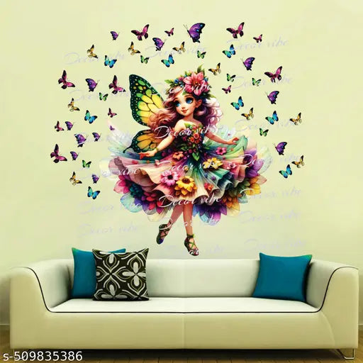 Trendy Fairy Surrounded by Colorful Butterflies in Bright Artistic Scene Wall Decoration Home  Decor Wall sticker Multicolor ( ideal size on wall: 30 x 25.5 Icnh )
