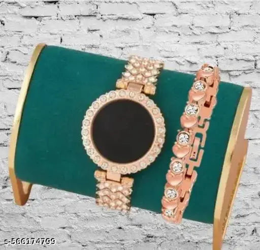 Rose Gold Crystal Studded Watch & Bracelet Combo | Elegant Women's Fashion Set Rose Gold Watch | Crystal Watch | Women's Combo Watch | Stylish Bracelet Set | Girls Watch Combo