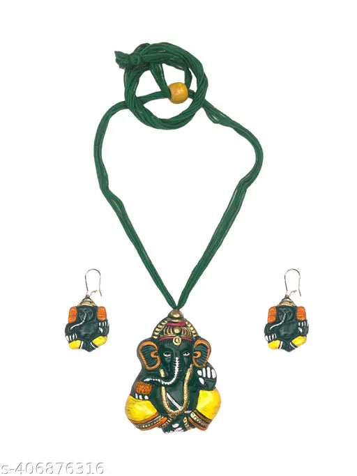 Radiant Terracotta Multicolor Jewel Set Ethnic Elegance Adorned with Handcrafted Art ( Green )