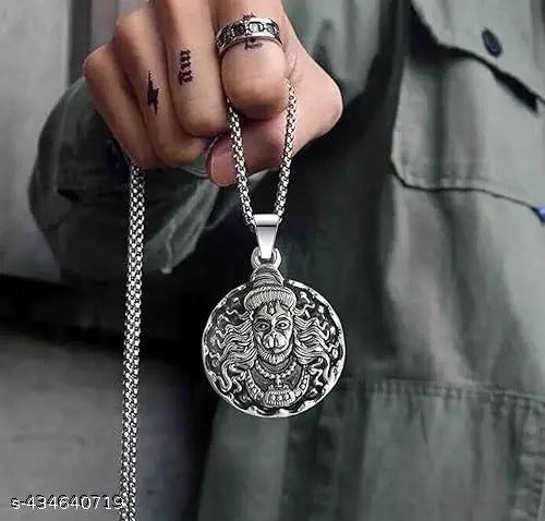 Style Hindu Lord Bajrangbali Hanuman idol Monkey God of Devotion Locket Silver Zinc And Metal Pendant Necklace Chain For Men And Women