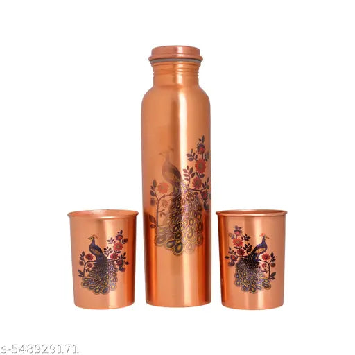 Copper Water Bottle  Gift Set of Peacock Design Bottle & 2 Glass, 1 liter  (Pack of 3, Copper, Reusable, Cold Drinks)