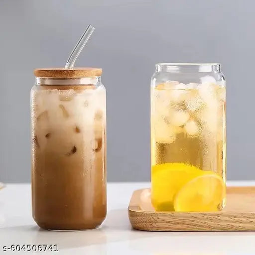 Ice Coffee Sipper Drinks Glass Can Mug with Straw for Milk/Coffee/Green Tea Cup Set of 1 -540ml Transparent Shape Cup (Pack of 1)