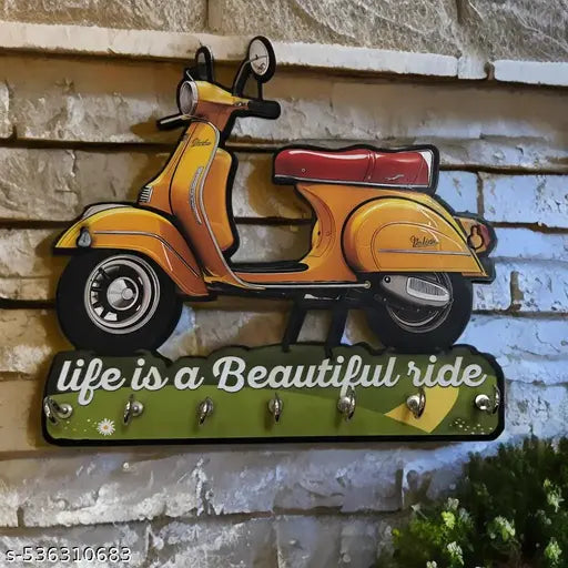 Vintage Scooter-Themed Key Holder – "Life is a Beautiful Ride" Wall Mount with 7 Hooks (9.5 x 8.5 Inch)