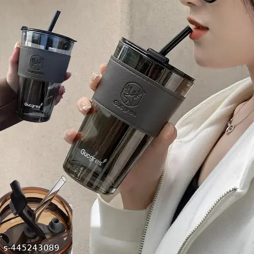 450ML Coffee Drinking Glasses with Lids and Glass Straw With Leather Cover Glass Tumbler Mug for Cold & Hot Drinks, Tea, Coffee, Water, Soda, Cocktail Gift_(PACK OF 1)_Multicolor