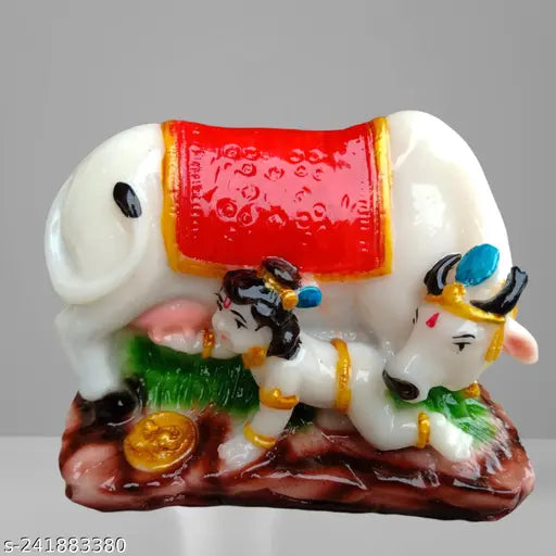 VIDHAYA ARTS  Lord Krishna Idol with Kamdhenu Cow Marble Look Statue Makhan chor Murti Statue Marble Look janmashtami Spiritual Diwali Puja Mandir /Temple/Home...