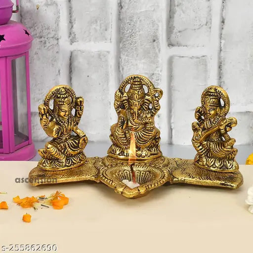 Laxmi Ganesh Saraswati kela patta With Diya Idol Set Decorative Showpiece ,Home decoration, Temple decoration,Gift item, Room decoration