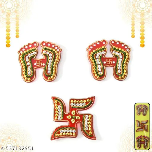 Laxmi Mata Ji Charan Paduka Pagla Fortune Feet Pairs and Swastik Diwali Rangoli Floor Pooja Room Showpiece Door Valance Decorations (Set of 3)