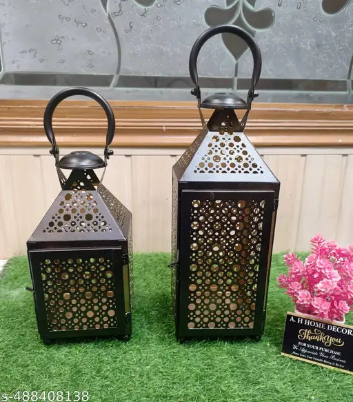 Metal Black & Golden Moroccan Lantern (Set of 2 With Candle) Decorative Candle Hanging Lanterns for Indoor Outdoor Garden Yard Home Decor, Metal with Gold Interior, Decorative Lanterns for Home Decor.