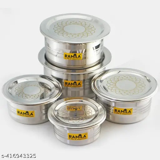 Stainless Steel Patila Bhagona Tope Set With Lid ( Silver Touch Design And Laser Design Lid )- Capacity 2000ml,1500ml,1000ml,750ml,500ml)