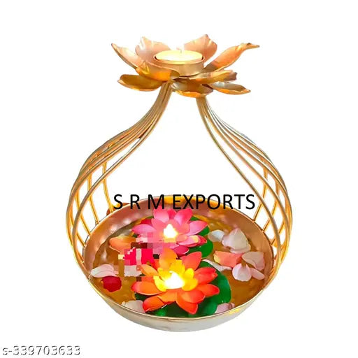 New Antique Design Tealight Urli Flower Golden, Flower Design Urli Bowl with Tealight Candle Holder - Table Decoration for Diwali, Christmas, and New Year