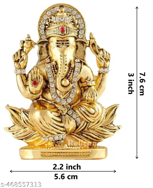 Relicon Lord Ganesh Idol | Ganesha Sitting on Lotus Idol | Ganpati Idol (B-155) Antique Gold Metal Statue for Car Dashboard | Home Décor | Mandir Pooja Murti | Temple Puja | Office Table Showpiece (L*B*H-- 2 x 0.8 x 3 Inches)