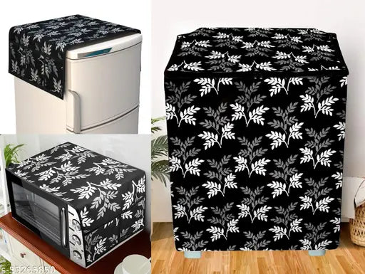Groki Knit Printed Semi-Automatic Washing Machine Cover & Fridge Top Cover, Microwave-Oven Top Cover Combo (Black_Groki_Semi_MFW_8)