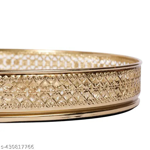 10 inches Dia Gold Plated Round Decorative Glass Mirror Tray for Weeding and Pooja | Diwali Decoration (10 X 10 X 2 Inches)