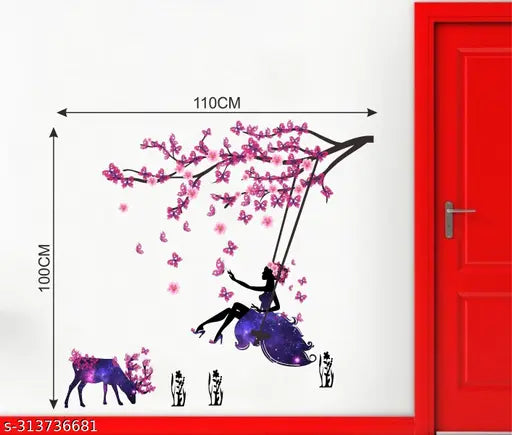 Wall Stickers Angel on Swing with Little Deer and Butterfly Wall Stickers Self Adhesive Sticker (Pack of 1)