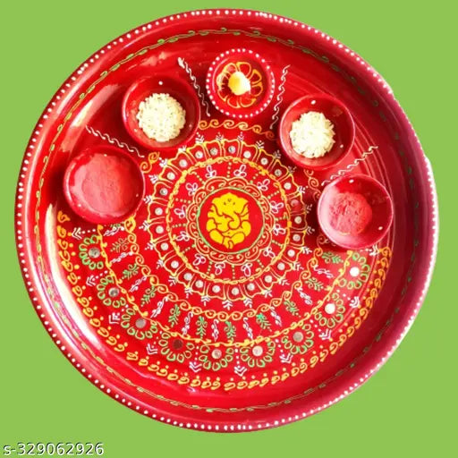 GW Ethnic Decorative Stainless Steel Hand Paint Ganesha Pooja Aarti Thali Set with Diya/Haldi Kumkum Holder/Rolli Chawal Plate | Puja Thali with Deepak Holder for Temple and Home